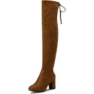 Women's Brown Suede Chunky Heels Zipper Over The Knee High Adjustable Boots
